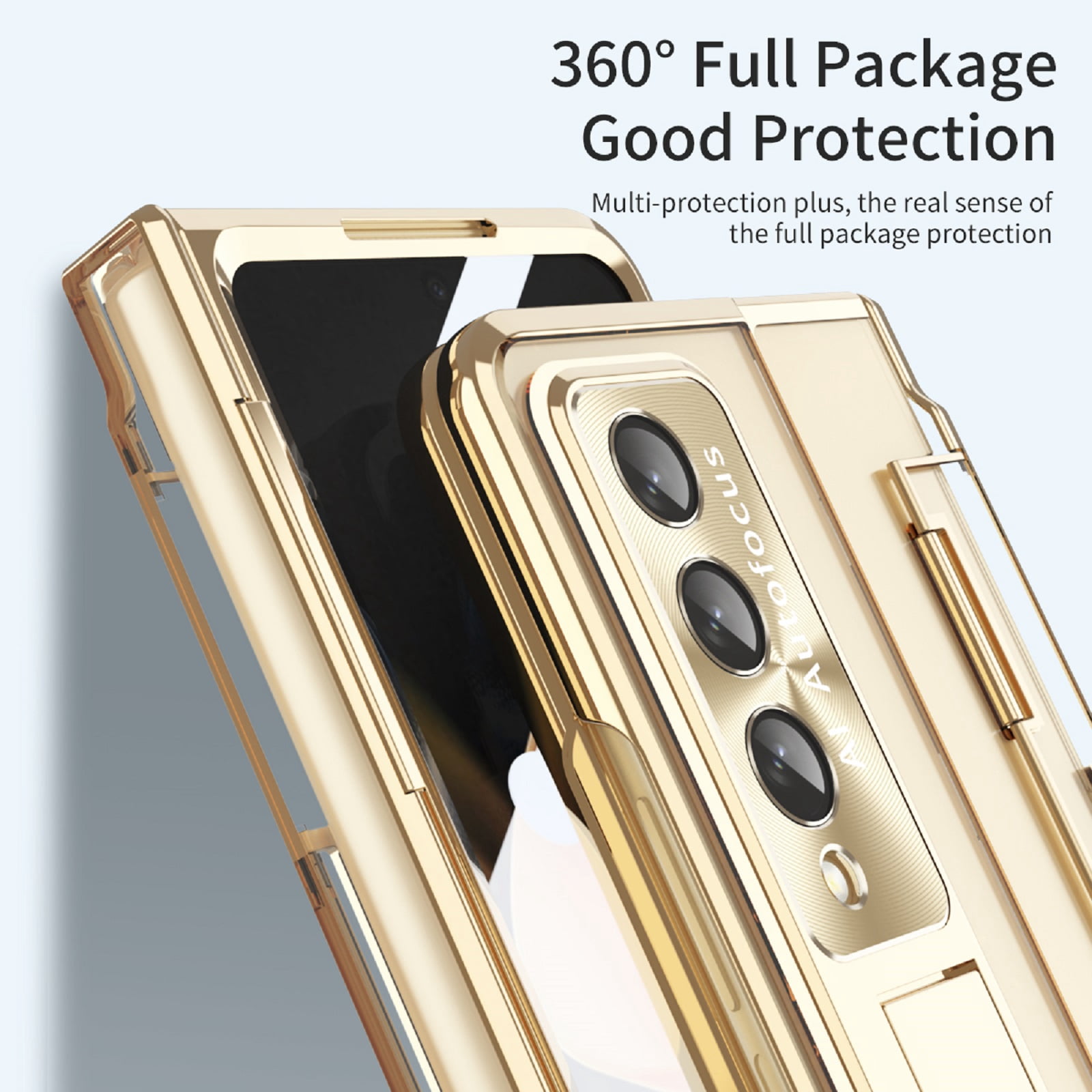 ELEHOLD for Samsung Galaxy Z Fold 4 Leveling Hinge Folding Case, HD Transparent Plating Frame Wireless Charging Hidden Kickstand 360° Full Protection Anti-Drop Shockproof Case for ZFold 4 7.6",Gold