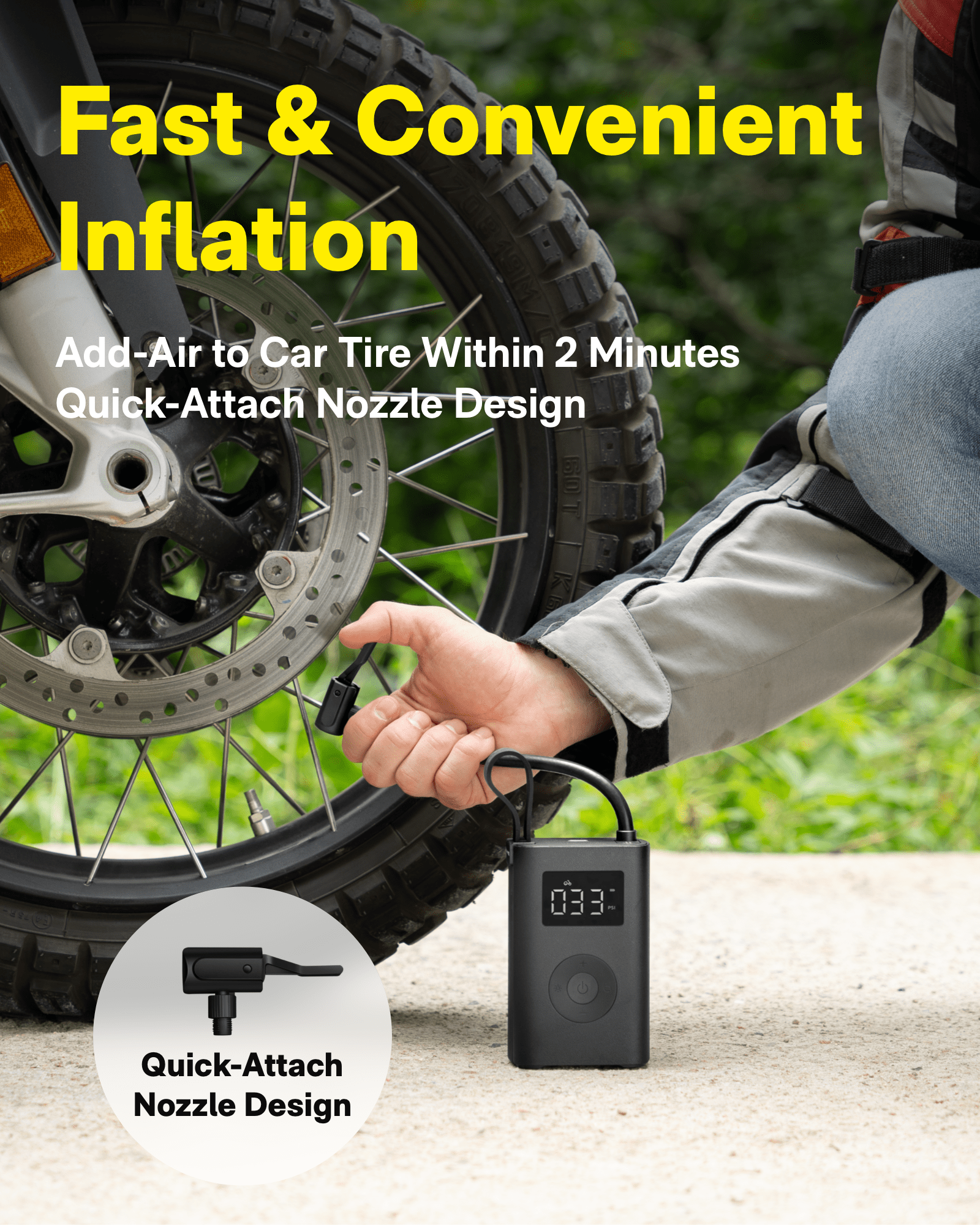 HOTO Adv Portable Air Compressor & Tire Inflator, 150 Psi Digital Gauge, Auto Shut-Off for Car, Bike, Motorcycle & Sports Balls