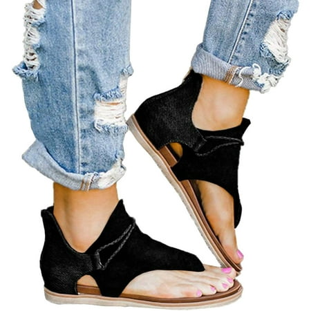 

Women Flat Sandals Breathable Anti-slip Back Zipper Open Toe Casual for Summer Beach 38 Black