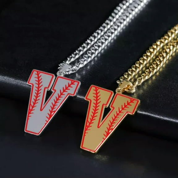 EOEMY Baseball Initial A-Z Letter Pendant Necklace Cuban Chain Stainless Steel Jewelry