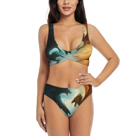 Zeuib Red And Blue Flame Wave Dragon High Waisted Tummy Control Bikini Set - Knot Front Push Up Top & Cheeky Thong Bottom  Two-Piece Swimsuit for Women-Large