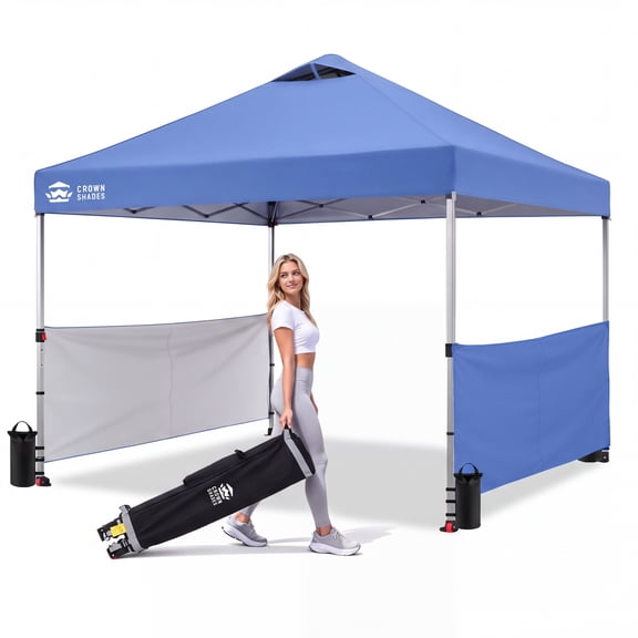 CROWN SHADES 10x10 Ez Pop Up Canopy Tent, Outdoor Sun Shade Shelter Canopy, One Push Setup with 2 Half Sidewalls, UPF50 , STO 'N Go Bag, Blue