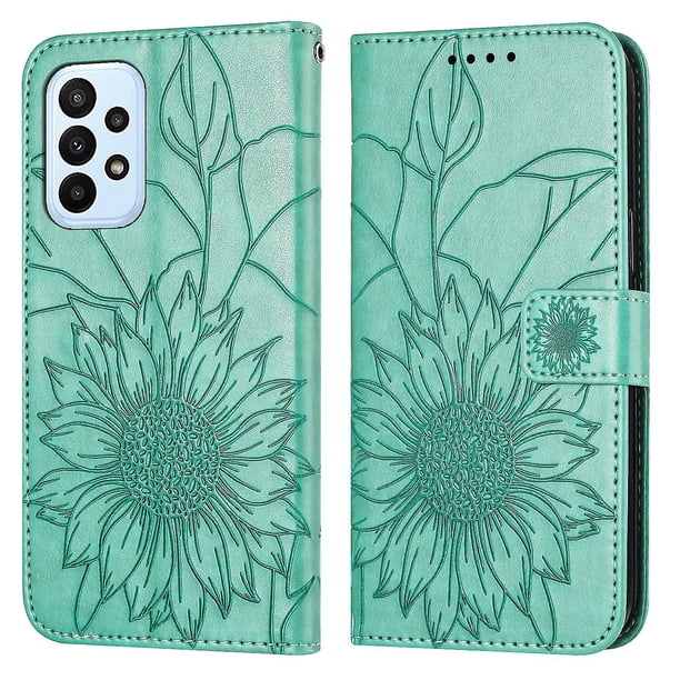 Funda tipo cartera con girasoles grabados para Samsung A32 4g, multifuncional, elegante y con protección total.