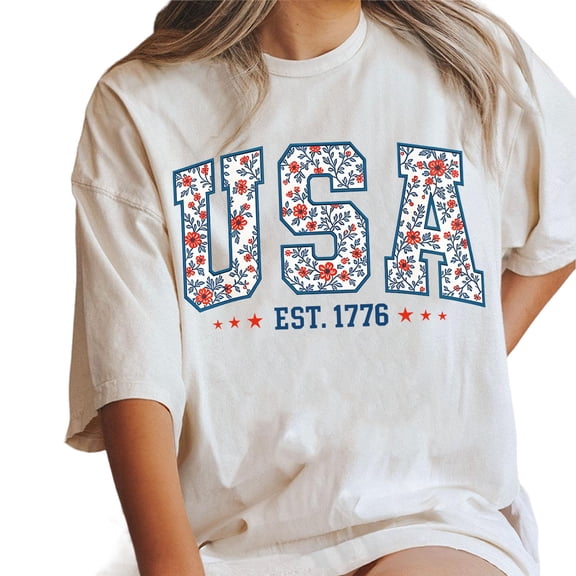 Floral USA 1776 Patriotic T-Shirt for Women – Retro American Flag Independence Day Tee, Cute 4th of July Girly Outfit Shirt