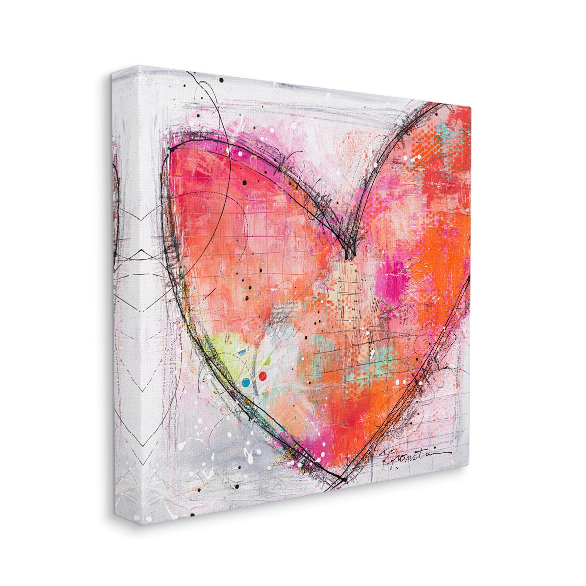 Red Paint Splatter Heart Black Hatching Design Abstract Painting Gallery-Wrapped Canvas Print Wall Art