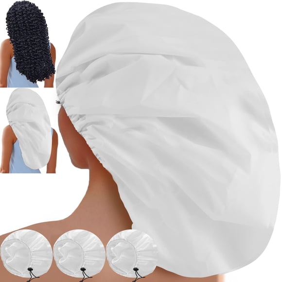 Sheomern 3 gorros de ducha extra grandes para mujer, impermeables, ajustables, XL, con forro de satén, para cabello largo y trenzas, reutilizables, doble capa, gorro de baño grande para rastas (blanco