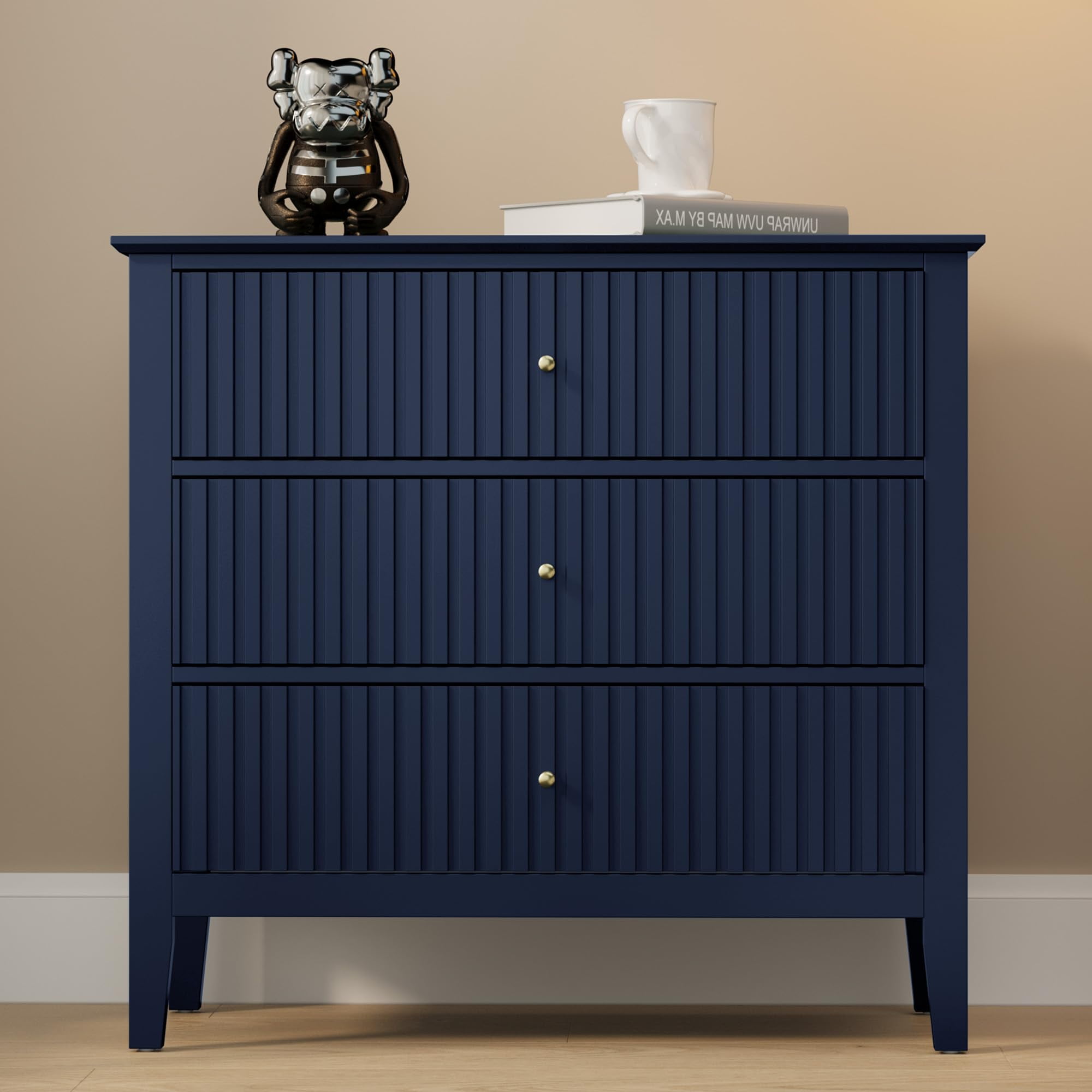 May in Color Large 3 Drawer Dresser Set of 2, Fluted Modern Tall Nightstand for Bedroom Living Room Entryway, Blue