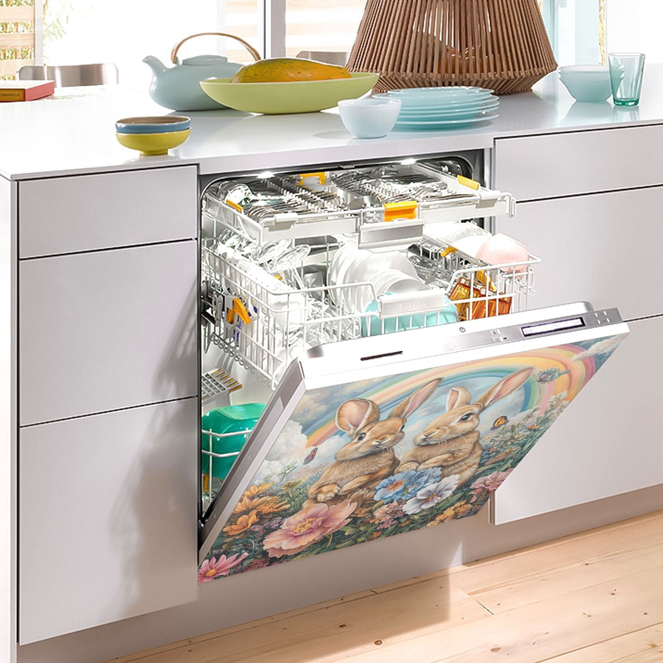Dishwasher Magnetic Sticker 23x26 Inch Refrigerator Magnetic Sticker Washing Machine Magnetic Sticker Kitchen Panel Magnetic Sticker Home Decor Rainbow Two Rabbits