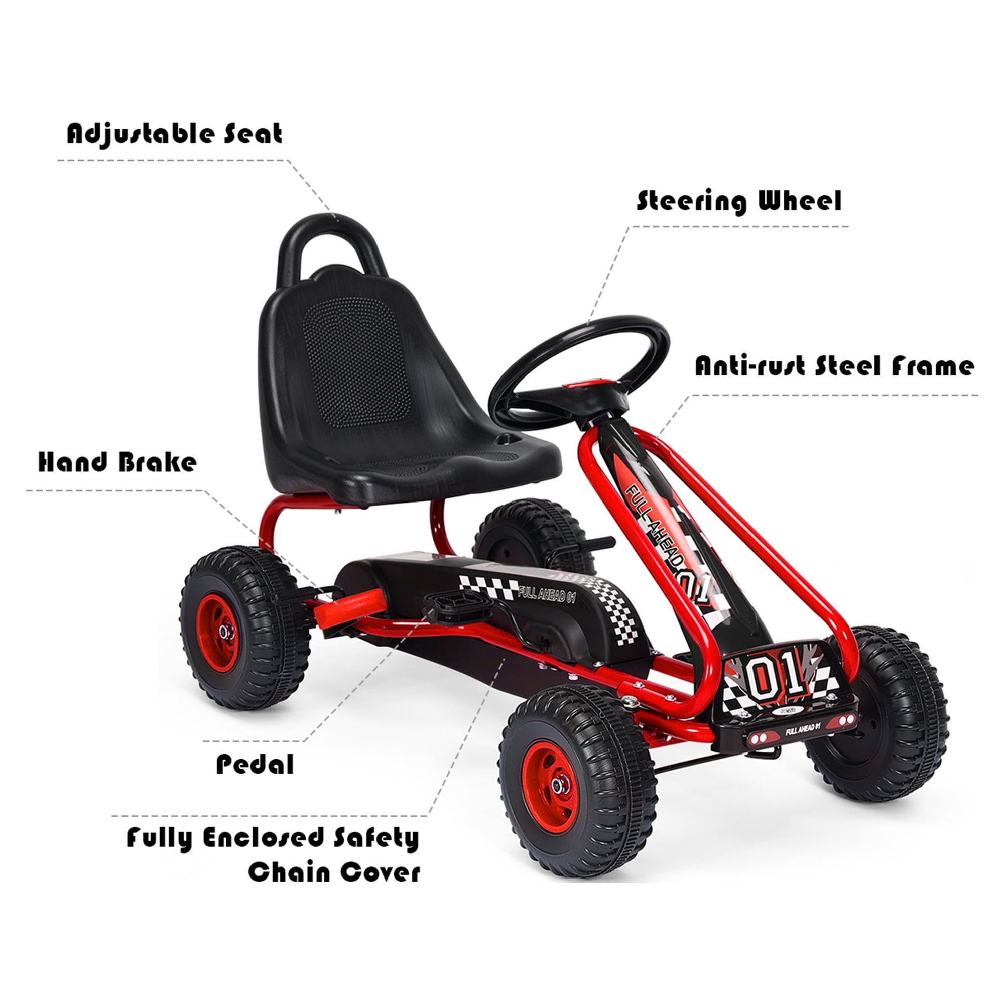 Gymax Kids Pedal Go Kart 4 Wheel Ride On Toys w/ Adjustable Seat & Handbrake Red