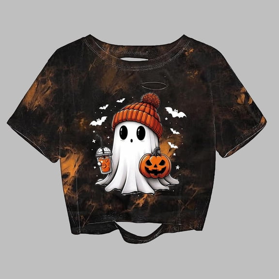 Women's Halloween Themed Ghost Pumpkin Skeleton Distressed Crop Tee Round Neck Short Sleeve T-shirts (Black1 M)