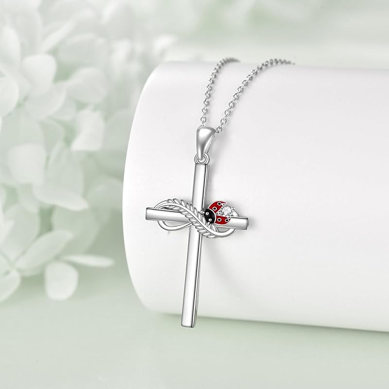 DOLIOX Cross Necklace for Women Sterling Silver Butterfly Bee Ladybug Pendant Necklaces Insect Jewelry Christian Gifts for Women