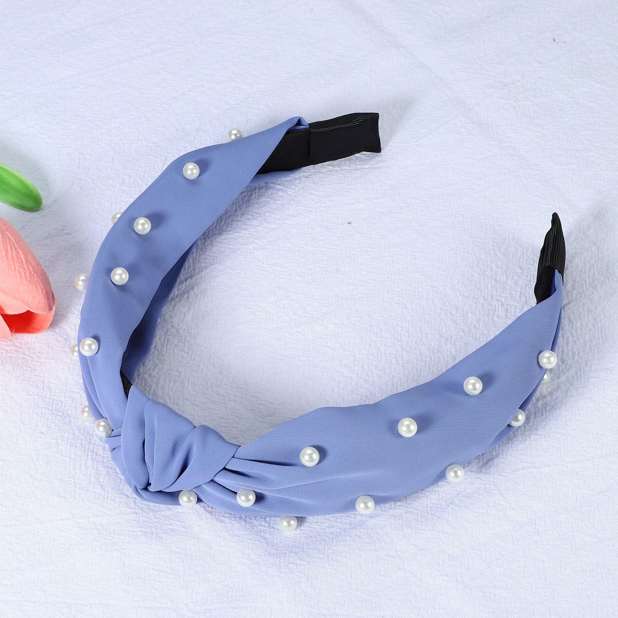 Unique Bargains 1 Pcs Satin Knotted Pearl Headband Hairband for Women 1.1 Inch blue