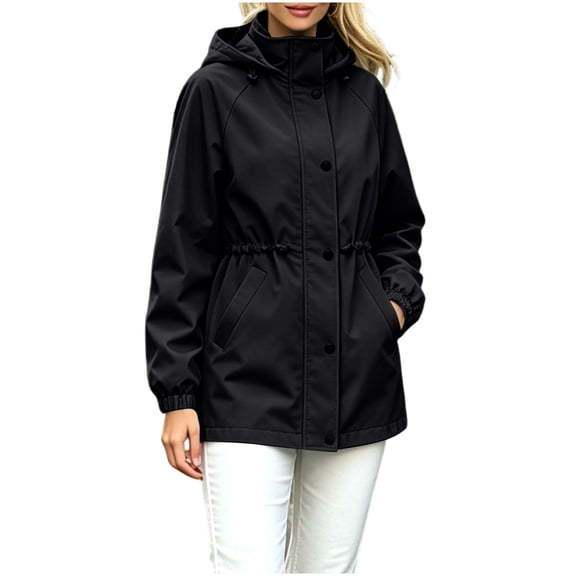 WRKEKC Windbreaker Jackets for Women Solid Color Hooded Long Sleeve Zip Up Drawstring Waist Windproof Outdoor Coat