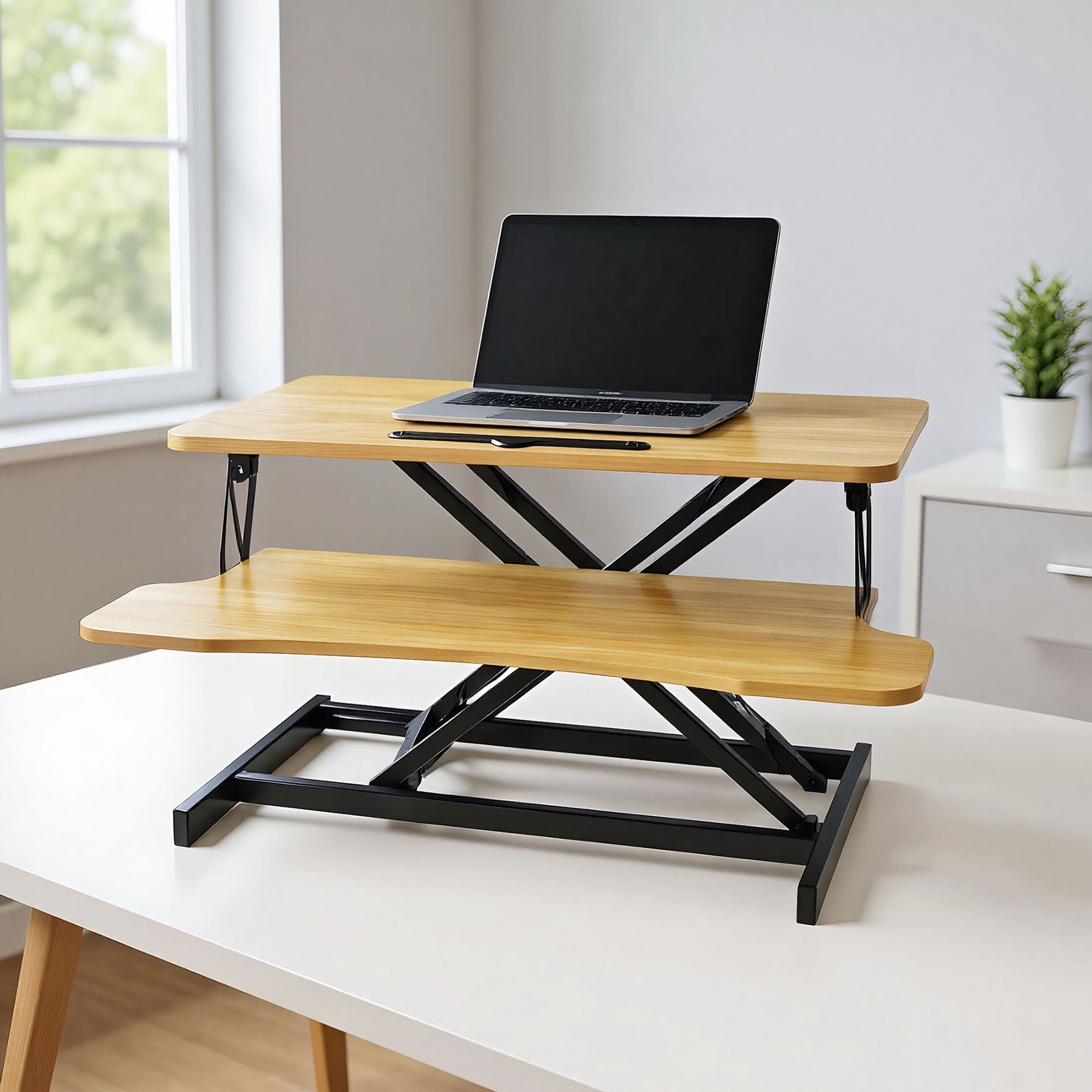 S-HOME Walnut Color Height Adjustable Desk Converter, 32 Inch Sit to Stand Riser for Dual Monitors and Laptop Use，Black,Natural