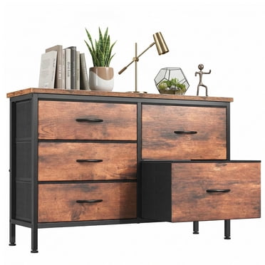 edx 5 Drawer Dresser for Bedroom, 39.4" Fabric Chest of Drawers with Wooden Top, Storage Organizer for Closet, Hallway & Living Room, Rustic Brown