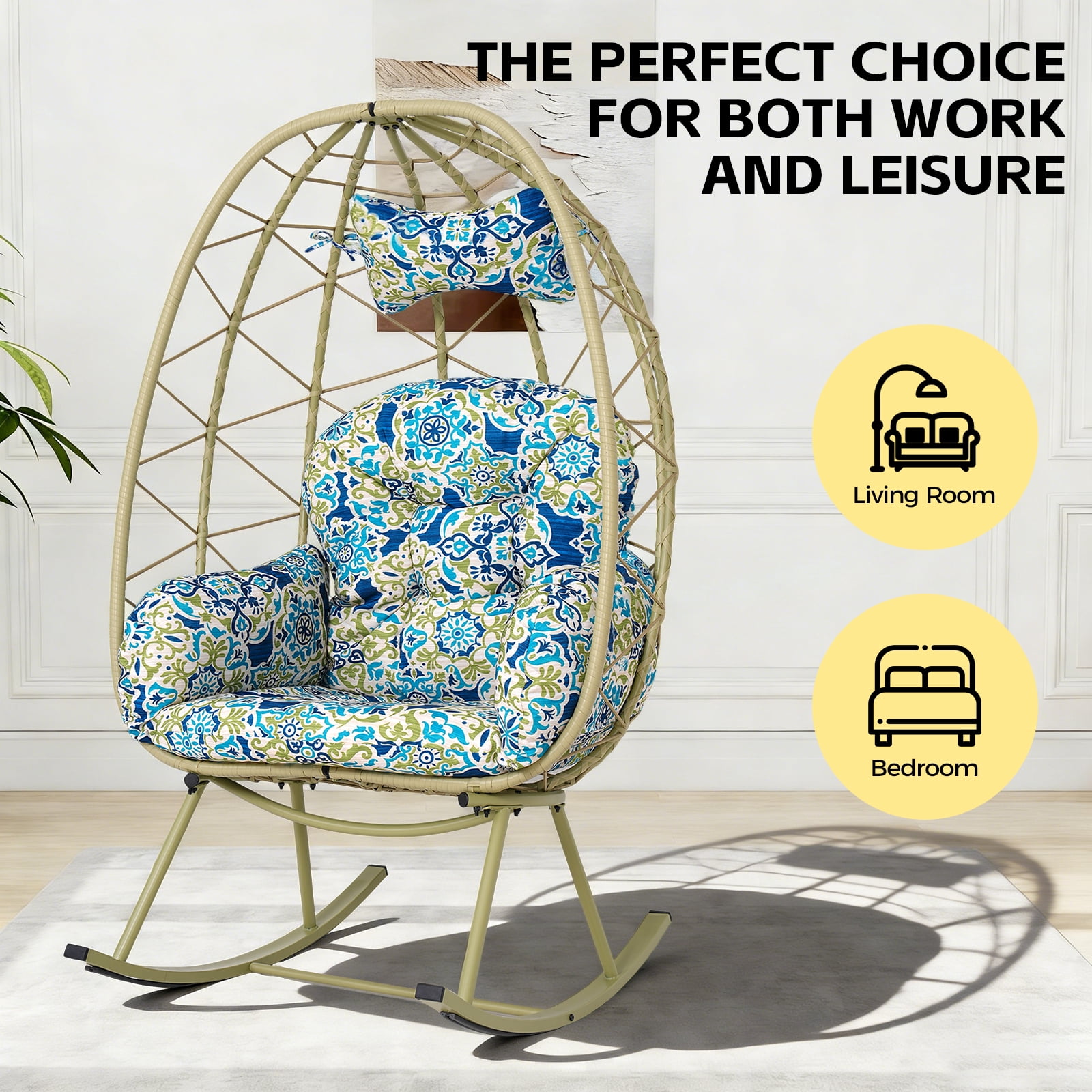 330LBS Foldable PE Wicker Egg Rocking Chair, Cocoon Lounge Rocker with Thick Cushion & Pillow, Weather Resistant Rattan Single Chair for Patio Balcony Bedroom Living Room Indoor Outdoor