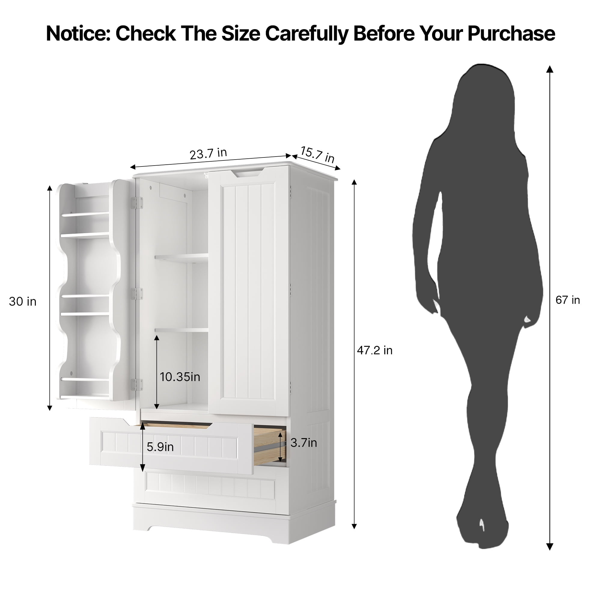 47" Kitchen Pantry Storage Cabinet with 2 Drawers, 8 Shelves and 2 Doors, White