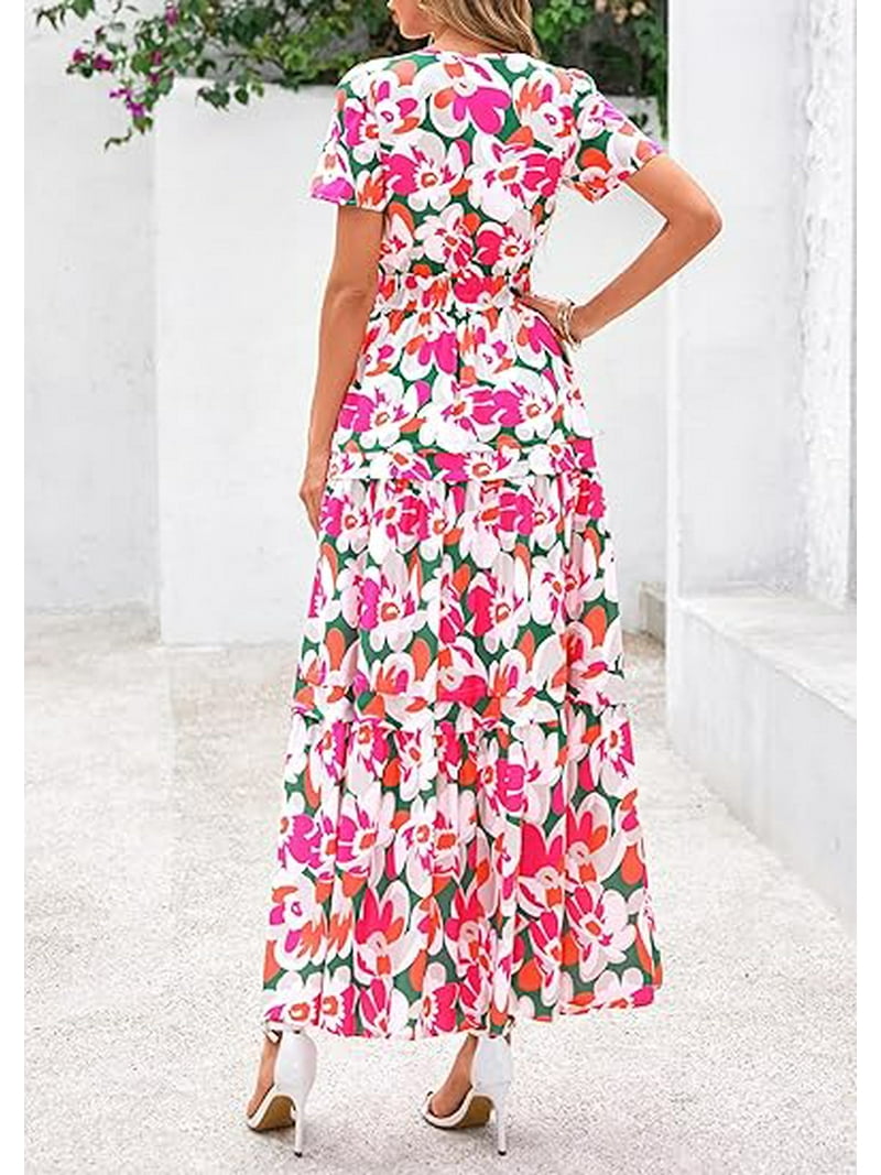 slim fit dress slacks PRETTYGARDEN Women Floral Boho Maxi Dresses Short Sleeve V Neck Smocke main image 0