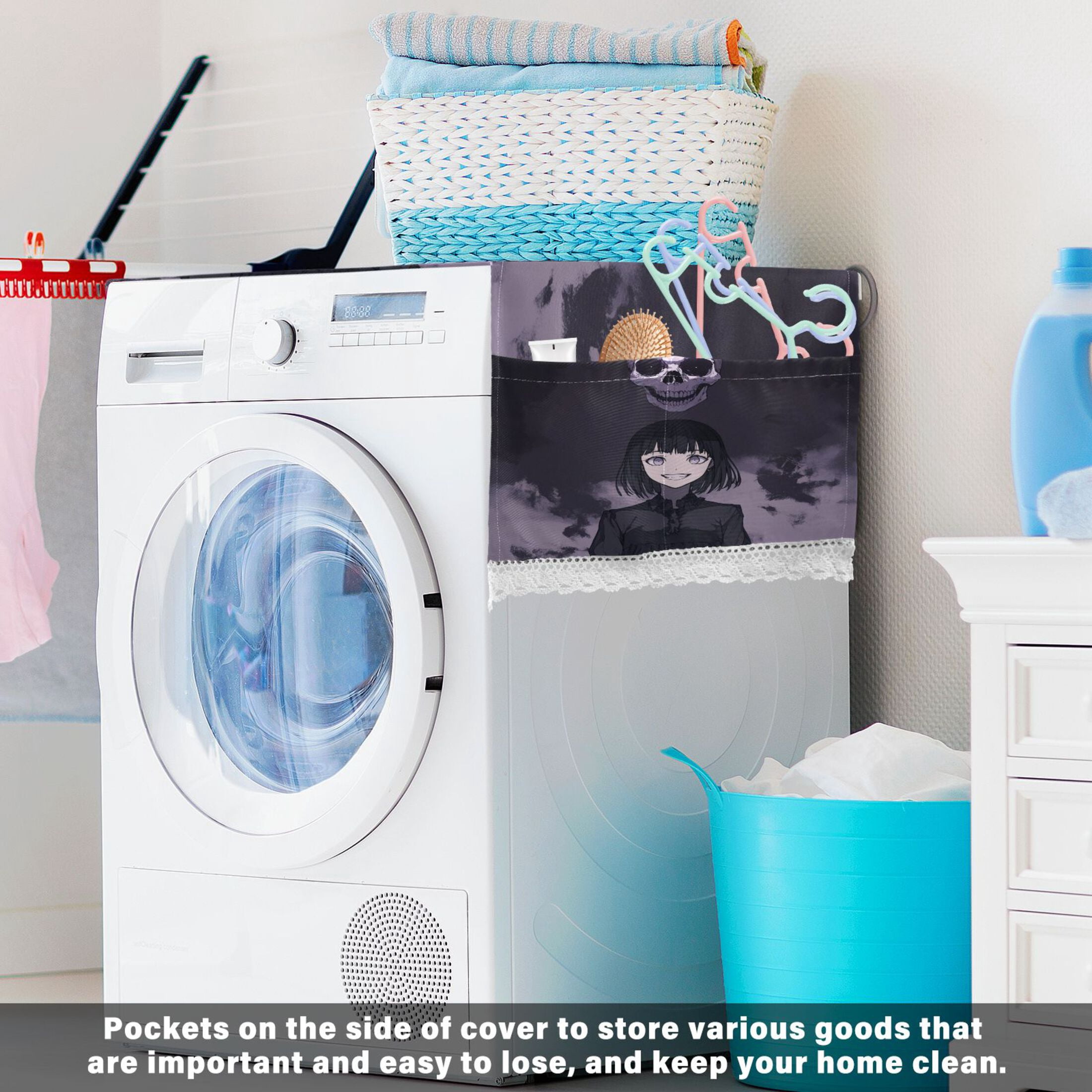Death GirlWasher and Dryer Covers Dust-Proof and Oil Resistant Fridge Cover with 4 Storage Pockets Washing Machine Top Cover for Laundry Kitchen Home 51.2 x 22 In