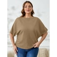thumbnail image 2 of SHOWMALL Women's Plus Tops Batwing Half Sleeve Boat Neck Shirts Textured Casual T-shirts 4X Light khaki, 2 of 7