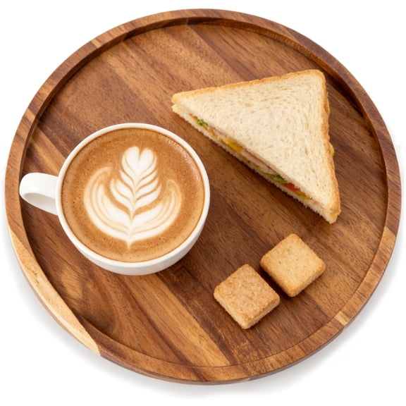 Round Wooden Serving Tray, 13.8 in Acacia Wood Decorative Platter, Versatile Charcuterie Board, Food Tray for Coffee Table, Ottoman, Parties, Natural Wood Color