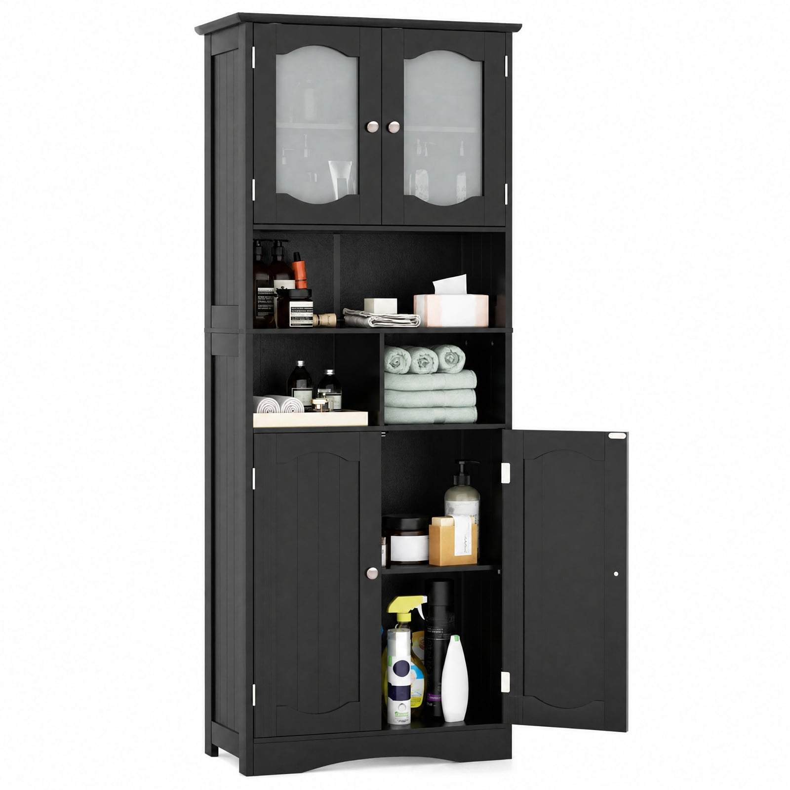 Vebreda Freestanding Bathroom Storage Cabinet, 58.5 Inch Freestanding Linen Bathroom Storage Cabinet with Frost Glass Doors, 2 Adjustable Shelves