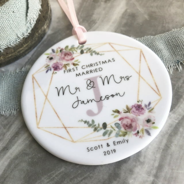 Personalised First Christmas Married Mr Mrs Wedding Pretty Floral Ceramic Round Decoration - As Picture - 5-Pack