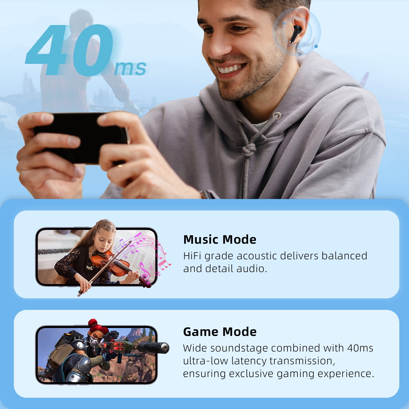 Stage Hero6 ANC true wireless earbuds, active noise cancellation and transparent mode, Bluetooth 5.2 wireless earphones with 4 microphones for call, 35H playback time with fast charging, dual modes