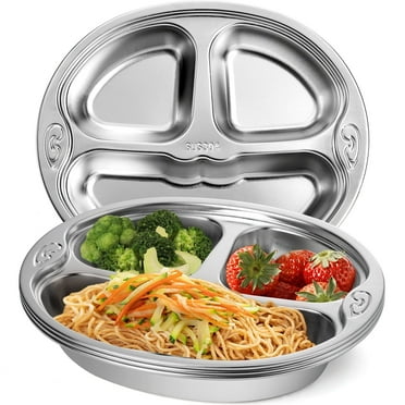 4 Pack Stainless Steel Divided Plate, 3 Sections Diet Control Dinner Plate, Korean Unbreakable Monkey Shape Compact Food Serving Tray for Kids, Picky Eaters, Campers