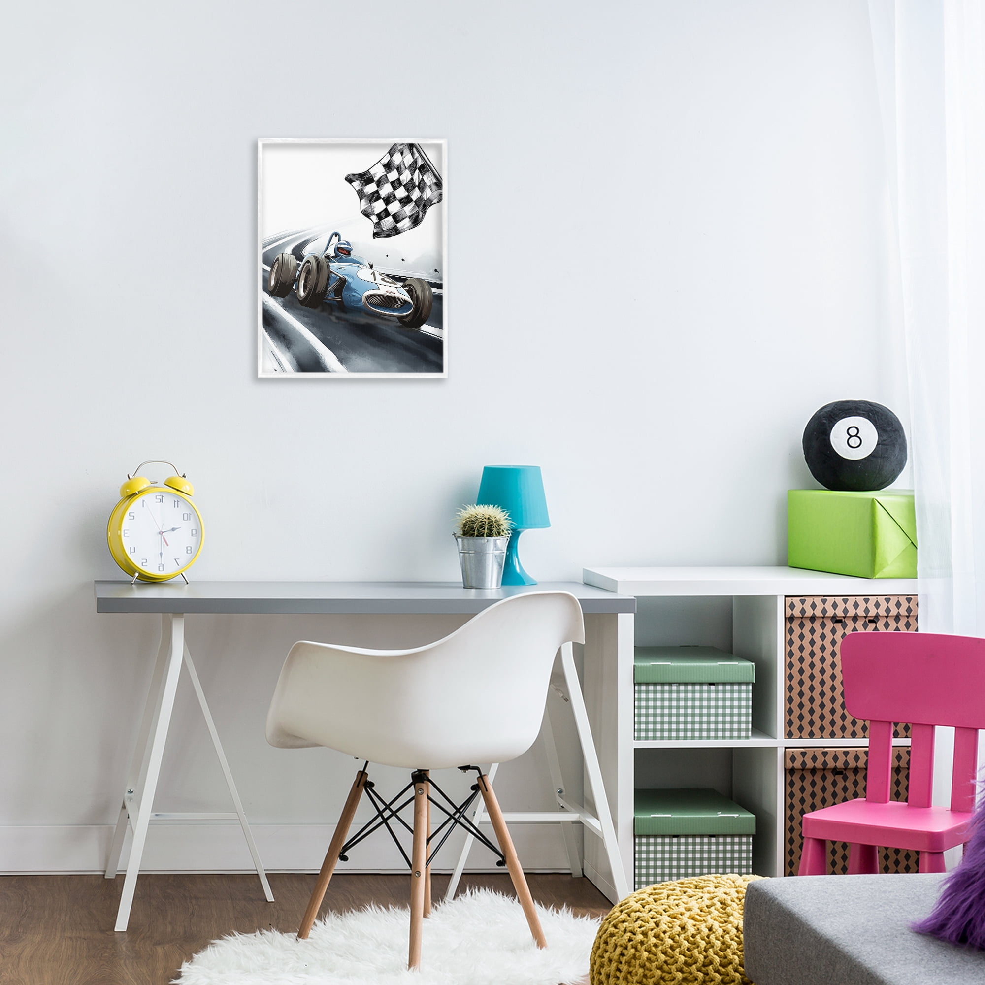 Stupell Industries Dynamic Racecar Driving White Framed Giclee Art, design by Christine Simpson Art