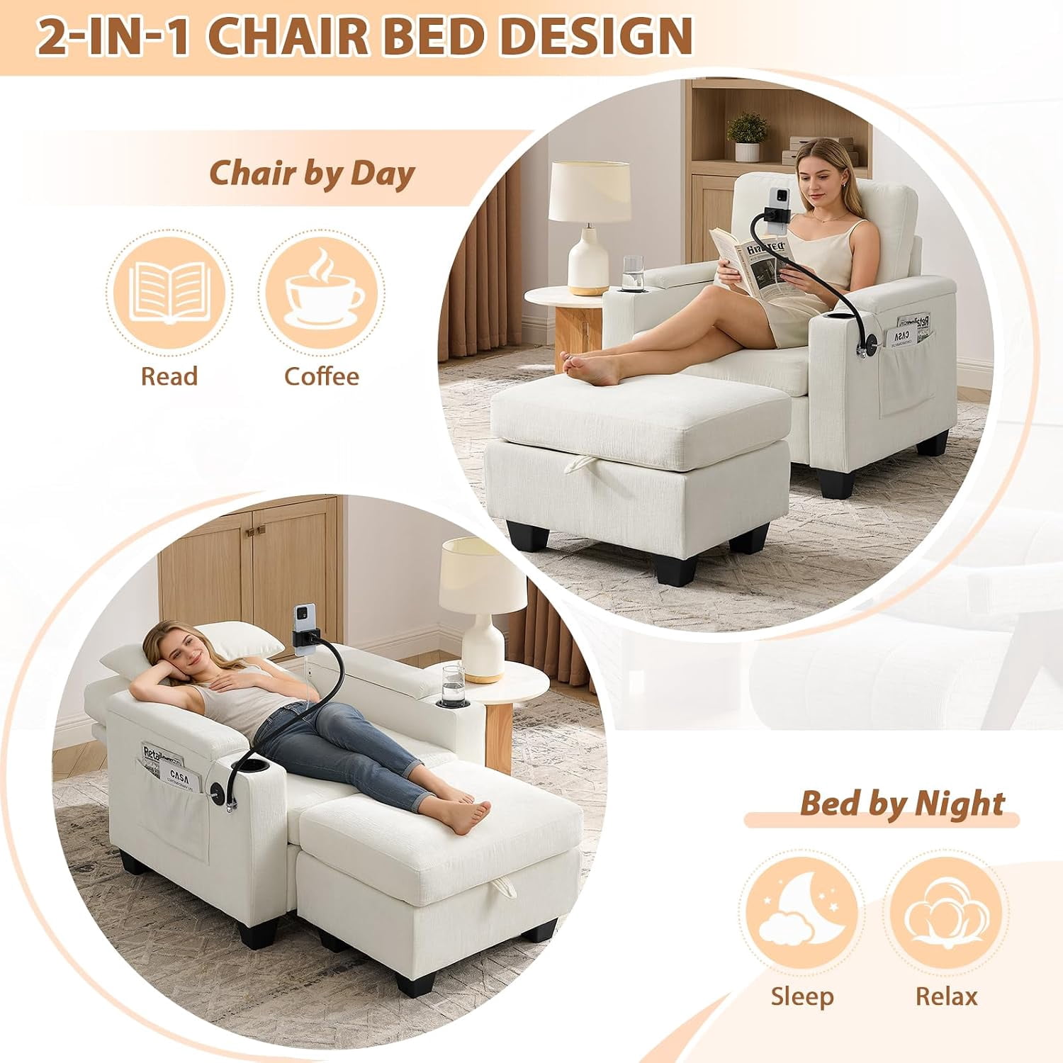 MOONMISS Oversized Chaise Lounge Chair Indoor, Single Convertible Recliner Reading Arm Sofa Chair W/Adjustable Backrest & Charging Port Couch Bed for Living Room, Home Theater & Bedroom,Beige