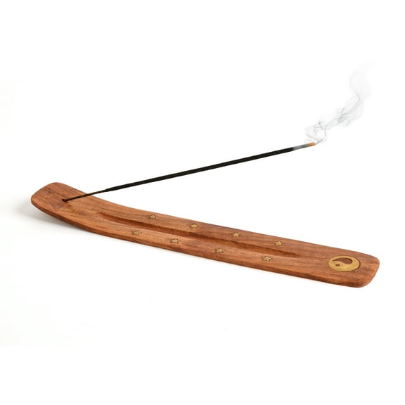Wooden Incense Holder for Sticks with Inlays of Brass YING YANG 10 inches Long