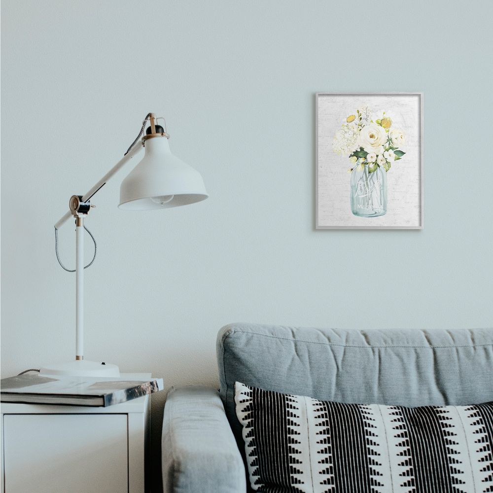 Stupell Industries Quaint Spring Floral Bouquet in Simple Blue Jar Framed Wall Art Design by Lettered and Lined, 11" x 14", Gray Framed