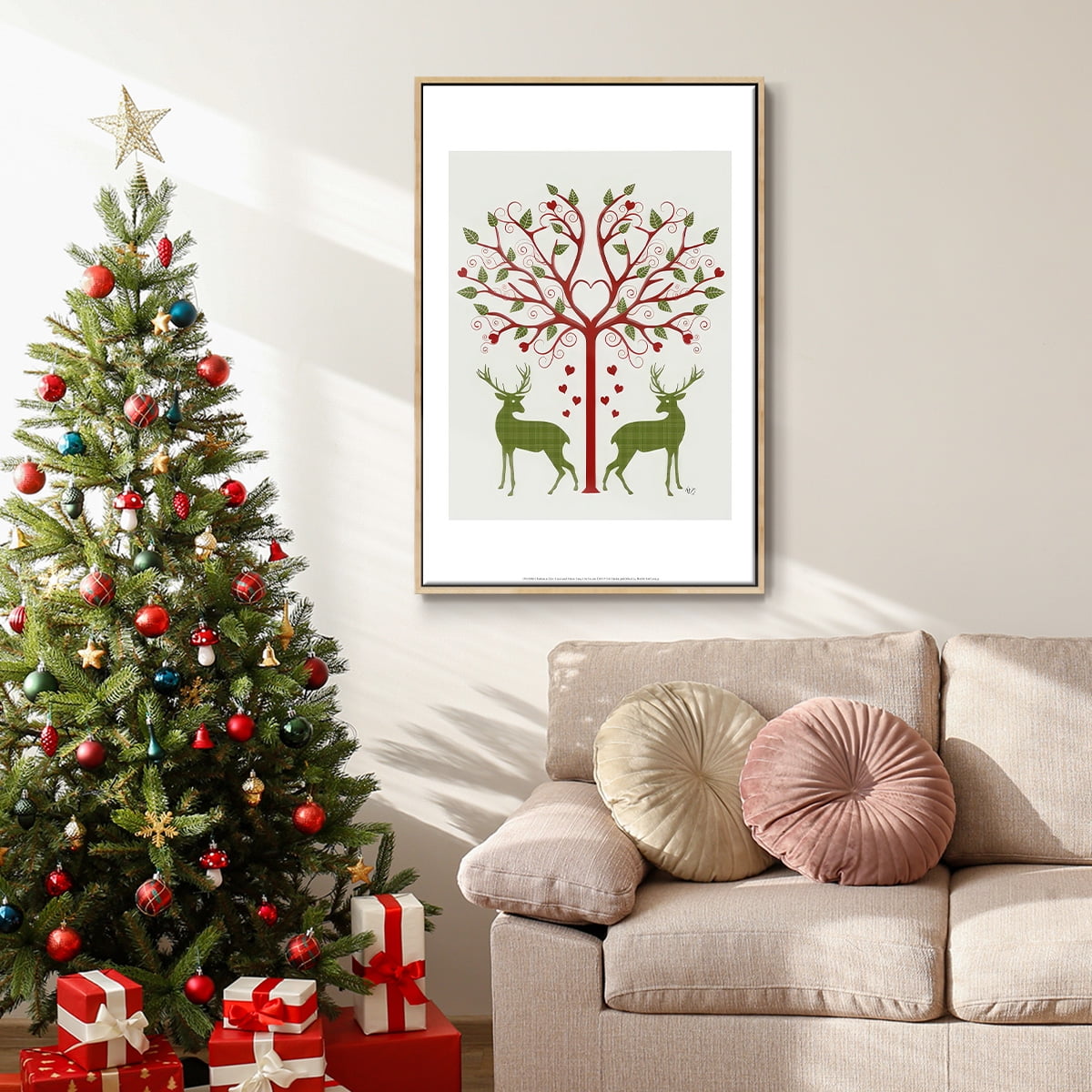 Christmas Des - Deer and Heart Tree, On Cream - Framed Gallery Wrapped Holiday Canvas - 27 x 41 - Natural Wood Frame