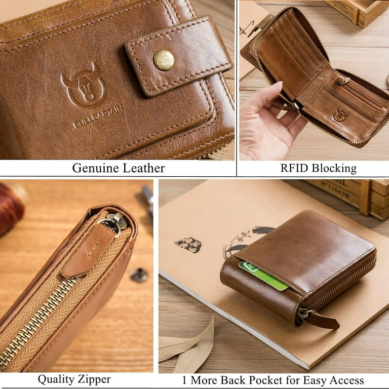 RFID Leather Trifold Extra Capacity Zipper Coin Pocket Wallet for Men