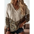 thumbnail image 5 of Womens Striped Sweater Casual Leopard Long Sleeve V Neck Chunky Knit Drop Shoulder Pullover Jumper Tops Leopard Print M, 5 of 7