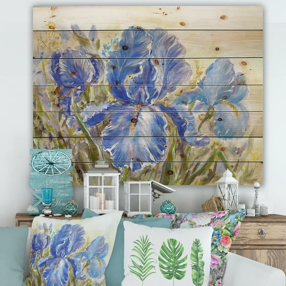 Designart 'Blue Irises Blossoming Flowers' Traditional Print on Natural Pine Wood