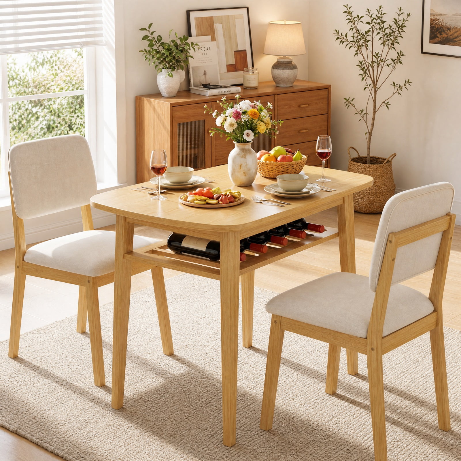 Furnibear 3 Piece Small Dining Table Set for 2 with Upholstered Chairs and Built in Storage Rack for Kitchen Breakfast Nook and Apartment, Natural
