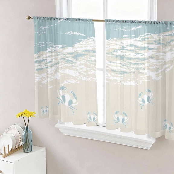 Blue Coastal Crabs Sheer Curtains 45 Inch Length 2 Panels Set, Summer Beach Ocean Abstract Art Voile Window Treatment Rod Pocket Small Kitchen Curtains Drapes for Bedroom 52"x45"x2