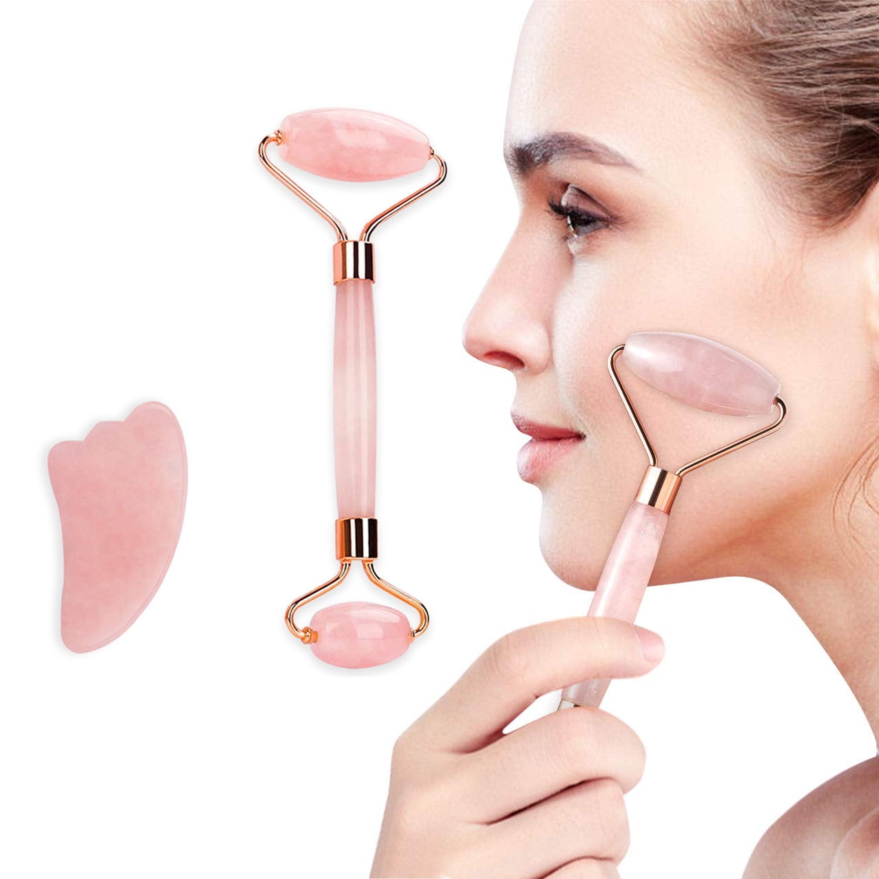 Jade Roller And Gua Sha Tool For Under Eye Face Neck Body Premium Real Rose Quartz Beauty