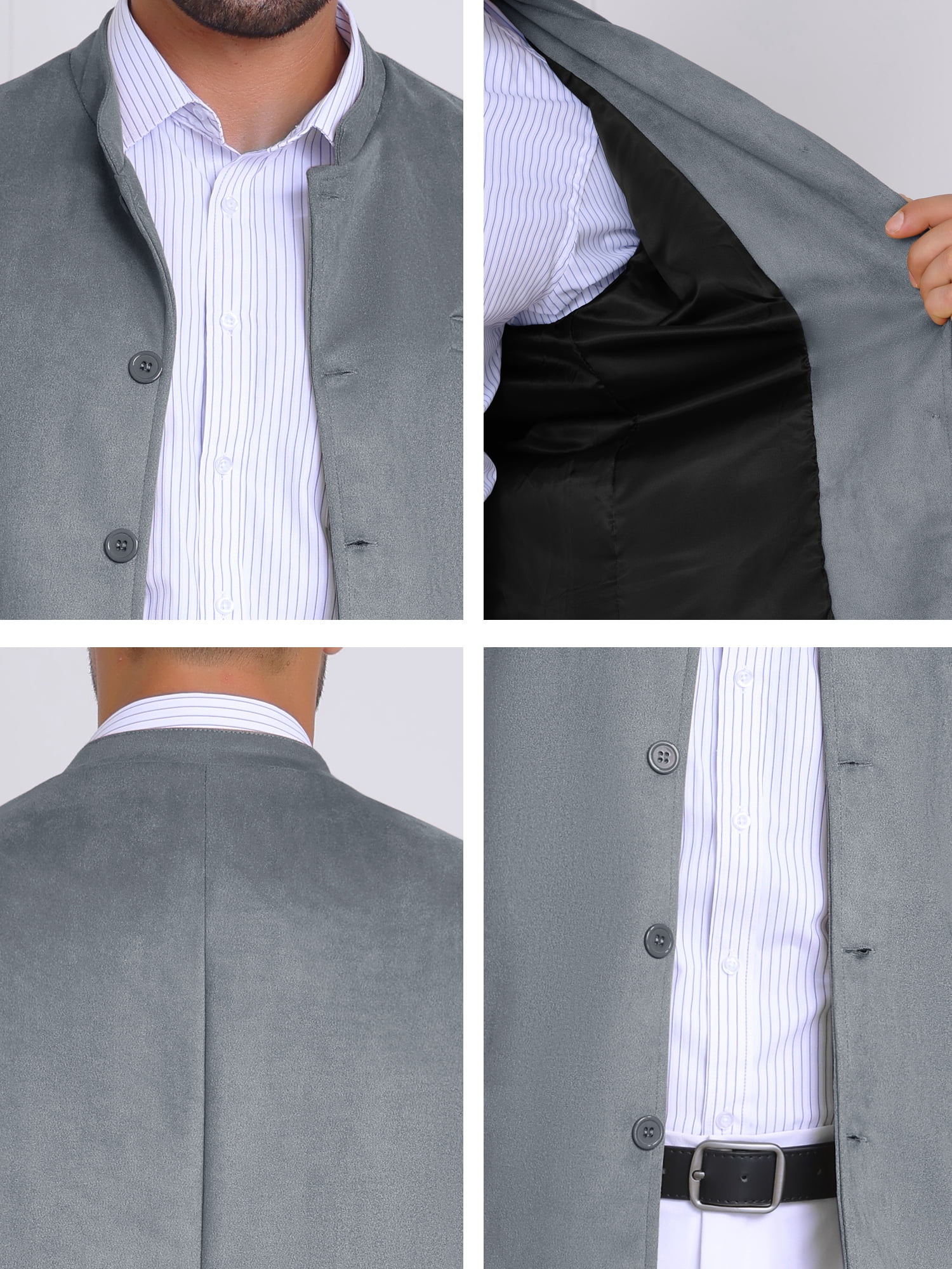 DARING DIVA Men's Suit Jacket Stand Collar Single Breasted Suede Blazer L Gray