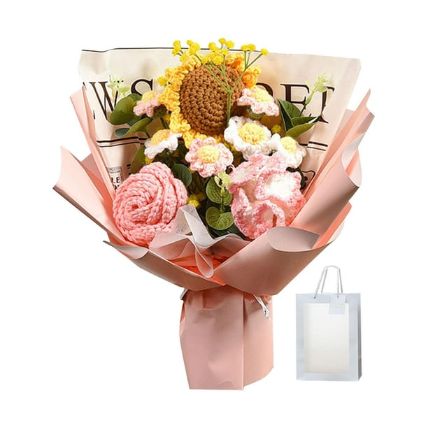 Ramo de flores de ganchillo para regalo, flores artificiales de punto, 35 x 27 cm, bendición eterna Rosa