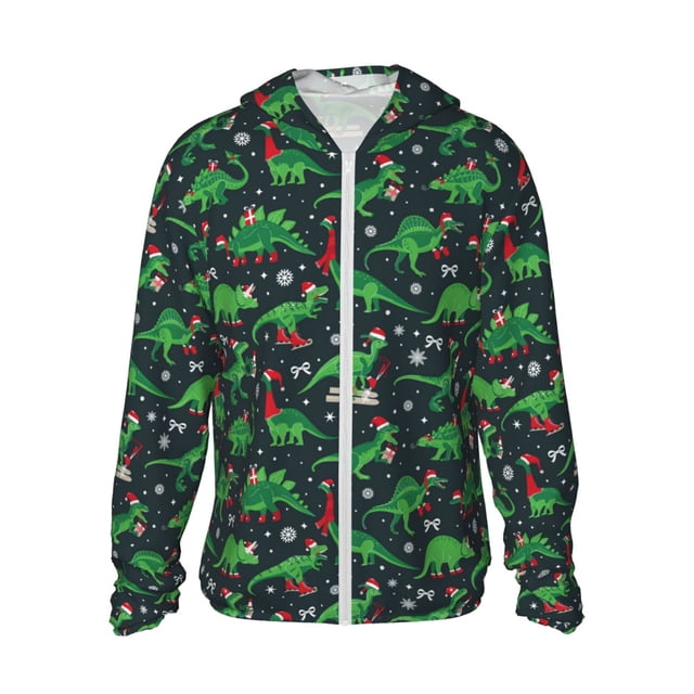 Fotbe Dino Christmas Party Chaqueta con Protección Solar UPF 50+ para Hombre y Mujer, Camisa con Capucha y Bolsillos-Medium