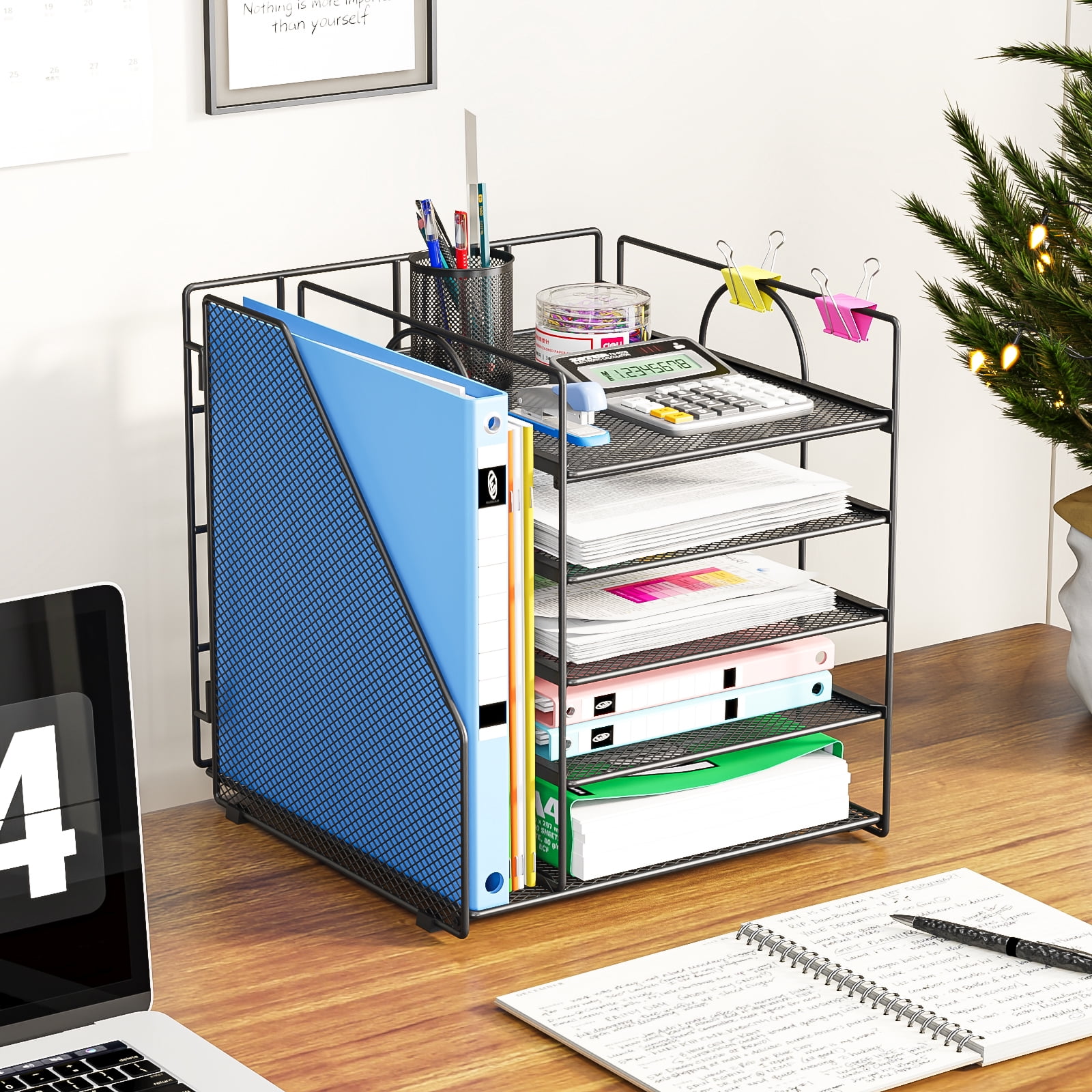 Mintazer Desk Organizer with File Holder, 5-Tier Paper Letter Tray Organizer Mesh Desktop File Organizer Magazine Holder for Home School Office Supplies, Black