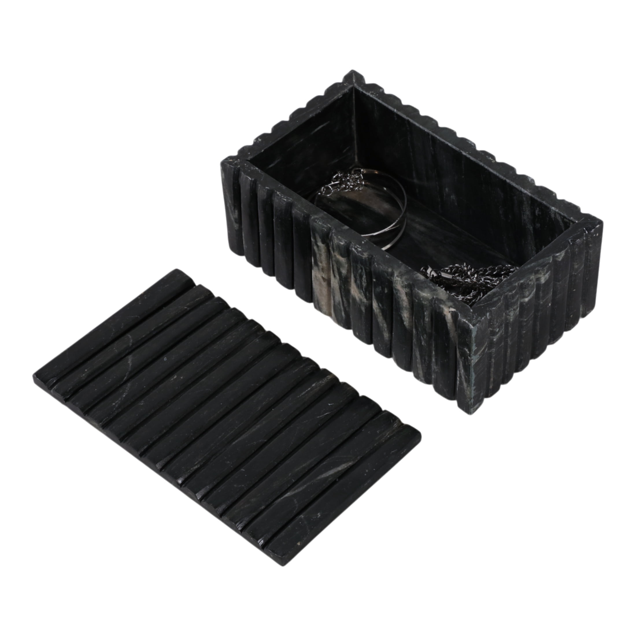 Decorative Marble Ridged Box for Home Decor- Modern Storage Box with Lid for Jewelry, Keepsake, and Shelf Accent - Home Organizer for Bedroom, Office Desk, or Living Room Decor - 3", Black