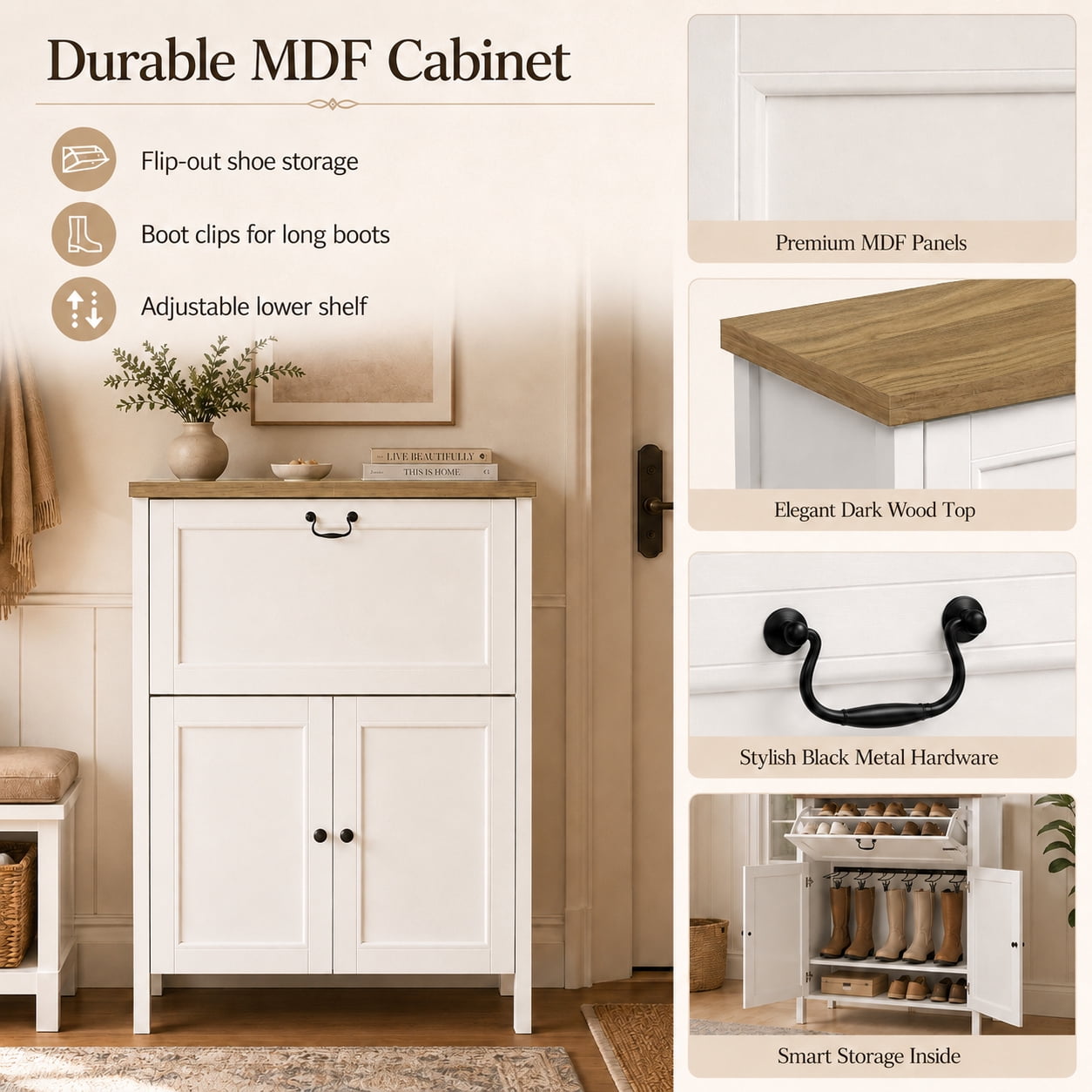 Shoe Cabinet with Flip Drawer, Boot Rack and 6 Boot Clips, Narrow Entryway Shoe Cabinet with Adjustable Shelf, Freestanding Shoe Organizer Cabinet for Entryway, Foyer, 31.5"W x 15.7"D x 45.3"H