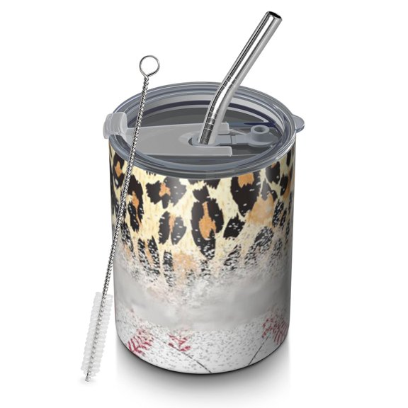12oz Coffee Tumblers Leopard Print and Baseballs Pattern Stainless Steel Vacuum Insulated Travel Tumbler Coffee Cups Mug with Lid and Straw with Cleaning Brush for Cold & Hot Drinks