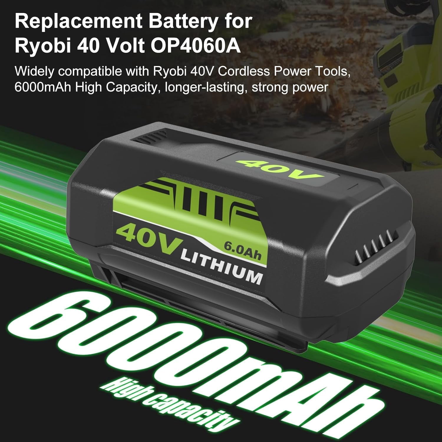 2Pack 6.0Ah Replacement OP4026 Battery + OP401 Charger for Ryobi 40V Battery and Charger Combo OP40602 OP40501 OP40401 OP4050A OP4040 OP4030 Compatible with Ryobi 40 Volt Battery and Power Tools
