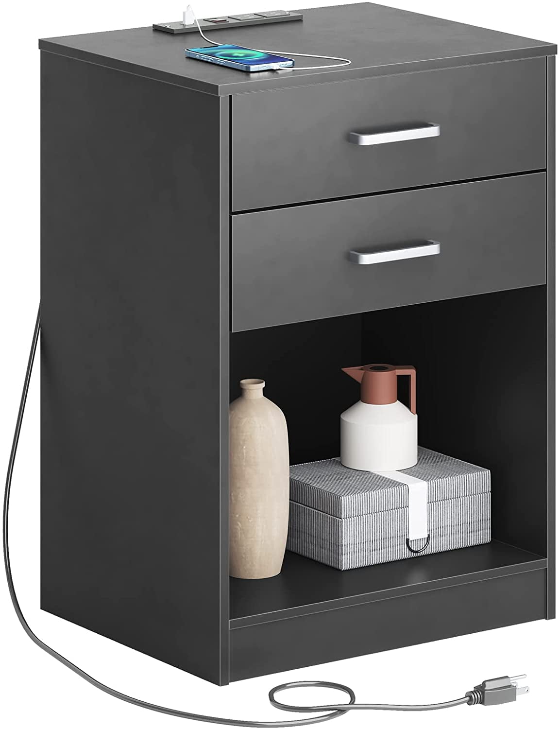 Adorneve 2 Drawers Nightstand with Charging Station for Bedroom Wood