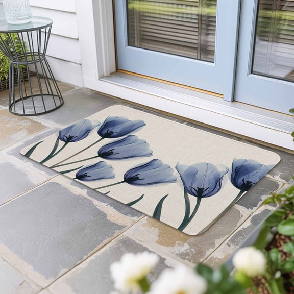 Blue Tulip Door Mat Indoor Outdoor, Rustic Spring Floral Summer Botanical Non Slip Welcome Mat with Rubber Backing, Absorbent Fabric Front Door Mats Entryway Rug for Home Patio Entrance 16"x24"